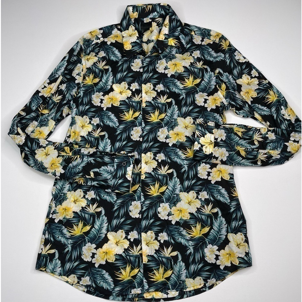 H&M Shirt Button Hawaiian Beach Vacation Floral Tropical Summer Botanical Office
